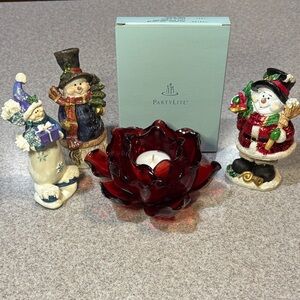 Assorted Snowmen Figurines and Christmas candle holder with tea-lights